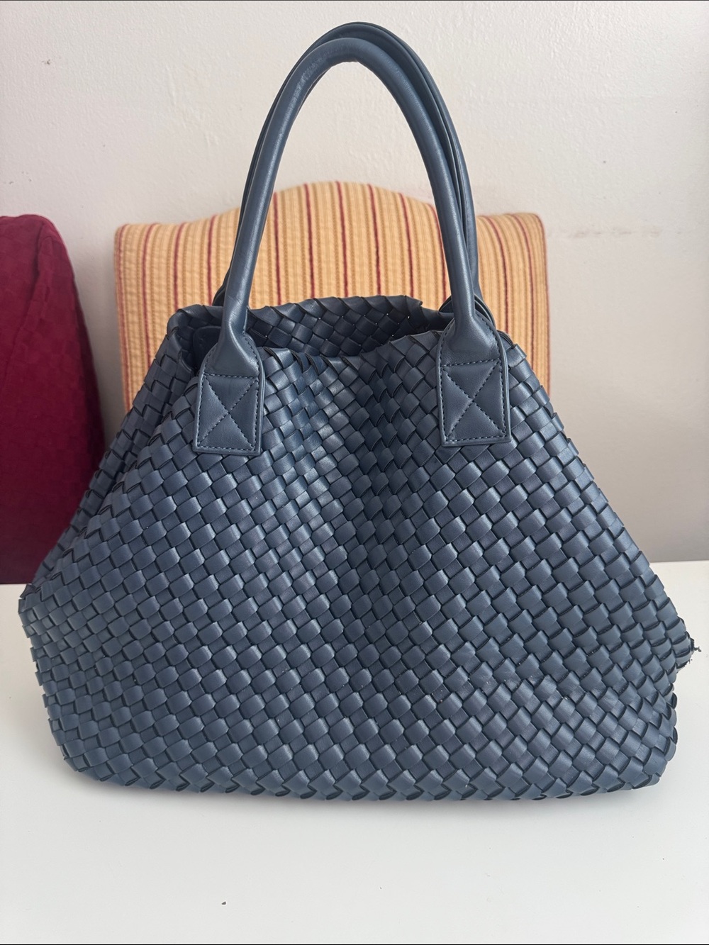 Woven Leather Tote Bag with Removable Pouch - Navy - Picture 3 of 4
